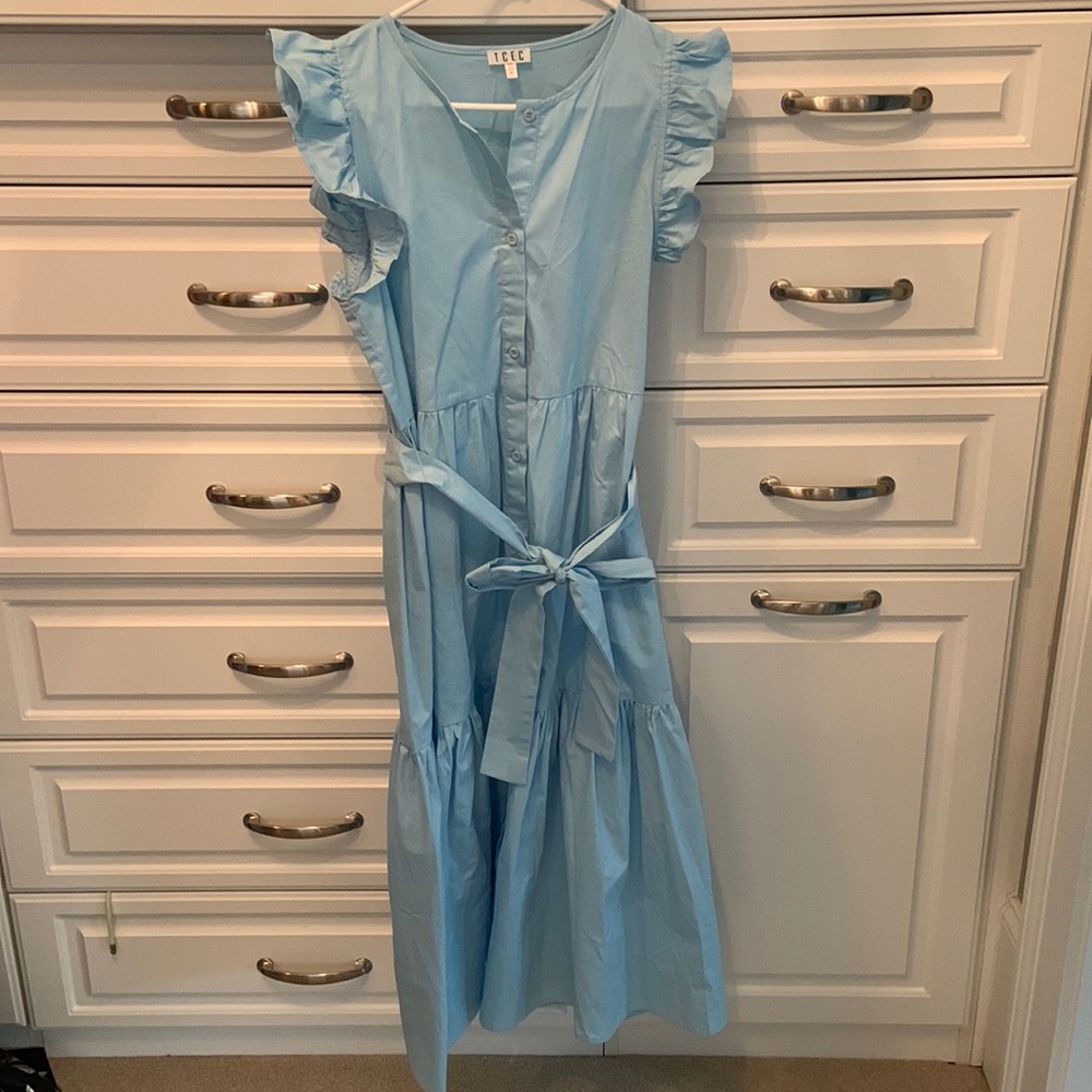 EUC (worn once) TCEC light blue button down maxi with ruffle sleeve- Size Medium